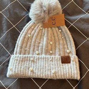 C.C Gray Knit Beanie with Pom and Pearls